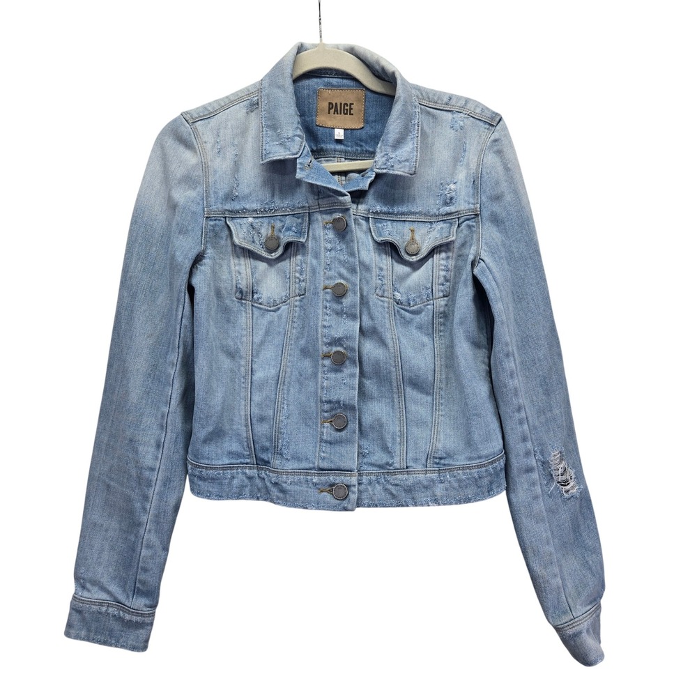 Paige Womens Distressed Denim Trucker Jacket Light Wash Blue Small Trashed Edgy